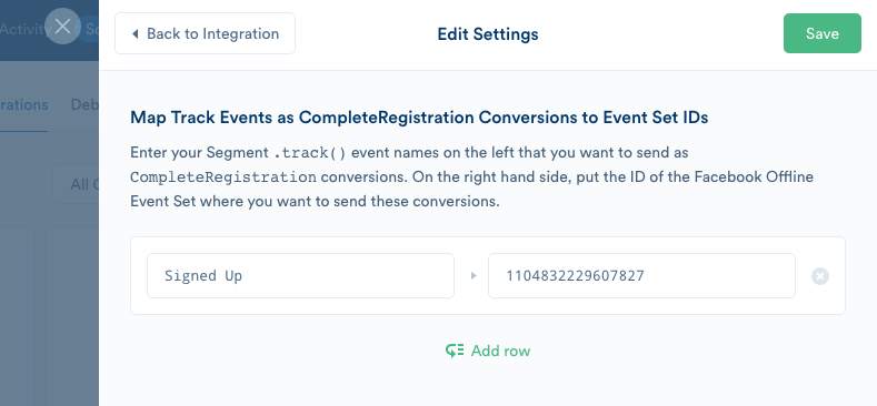 A screenshot of the settings tab for the Facebook Offline Conversions destination, with a Signed Up event mapped to a Facebook Offline Event Set.