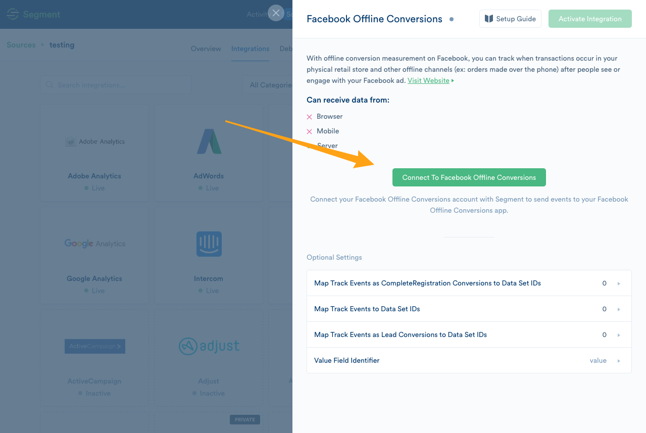 A screenshot of the Facebook Offline Conversions page in the Segment app.