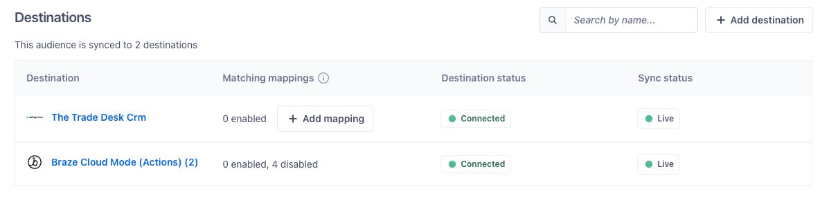 The Engage Destinations table showing two connected destinations