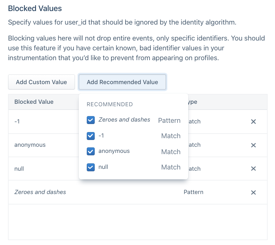 Add blocked values for the identity algorithm to ignore